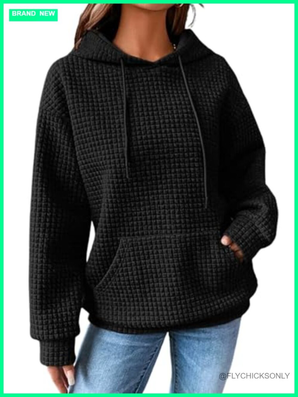 Waffle Knit Hoodie Pullover Sweatshirt with Pocket Oversized Long Sleeve